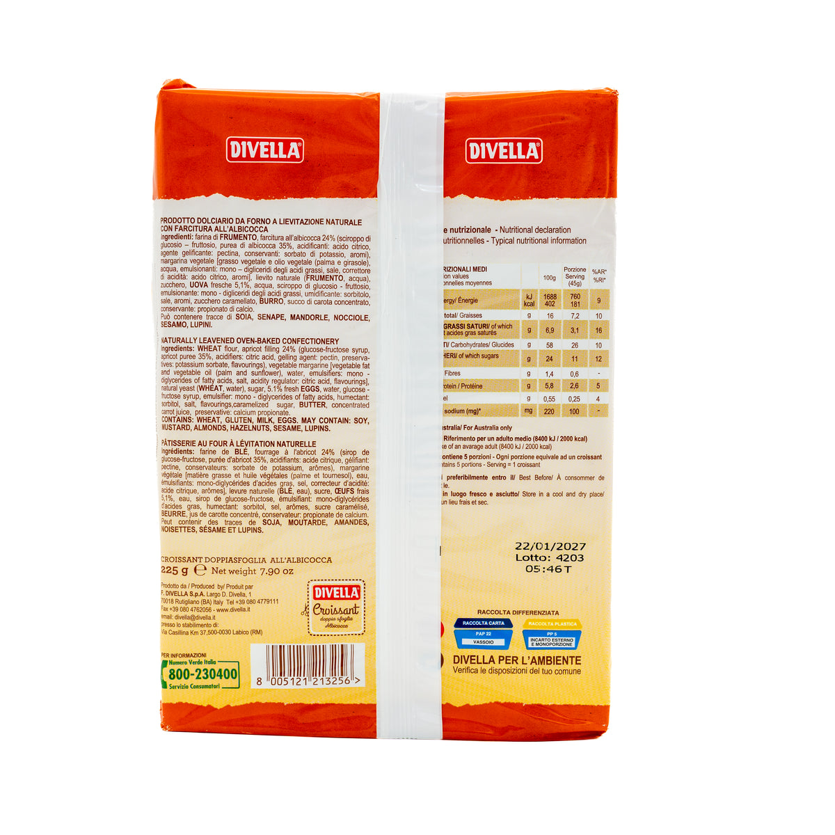 Croissante Doppia Sfoglia cu caise Divella, 5 bucăți, 225 g