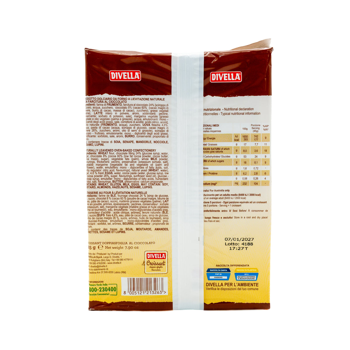Croissante Doppia Sfoglia cu ciocolată Divella, 5 bucăți, 225 g