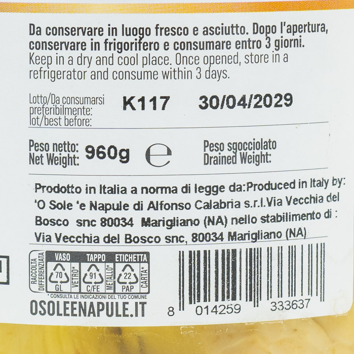 Anghinare întregi în ulei ’O Sole ’e Napule, 960 g