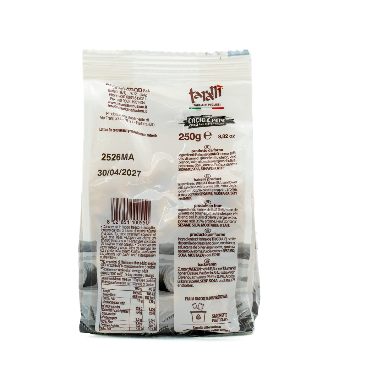 Tarallini Apulia Food cu aromă de brânză și piper, 250 g