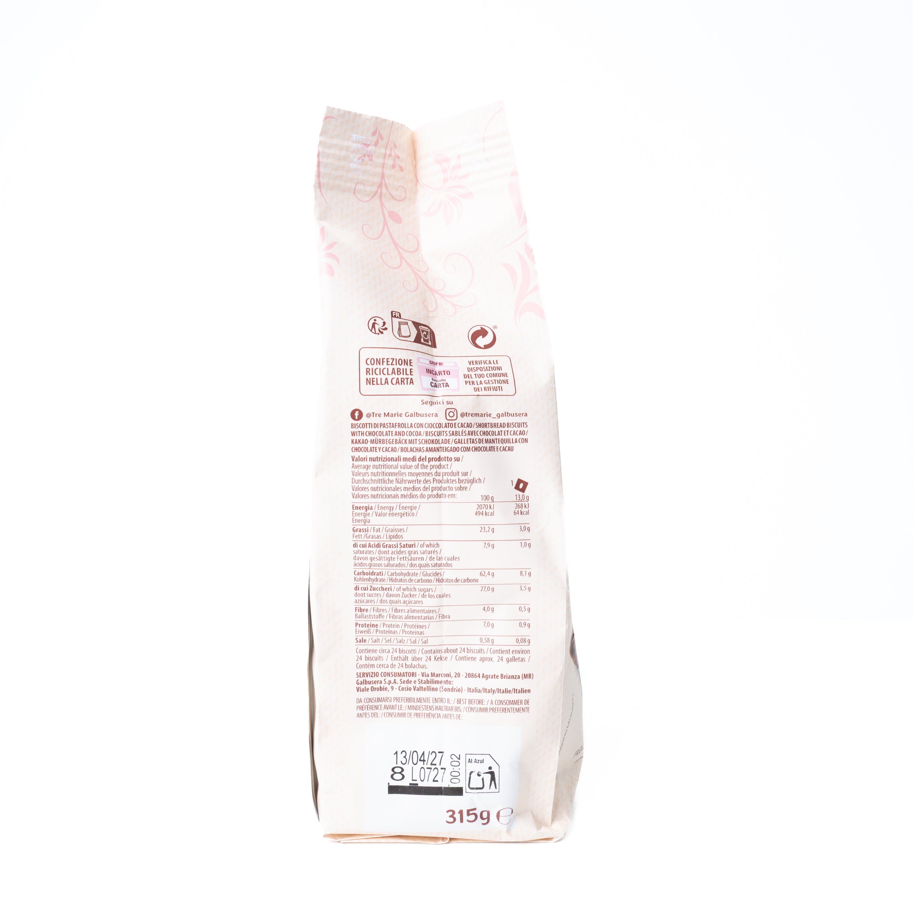 Biscuiți cu cacao și picături de ciocolată Tre Marie, 315 g