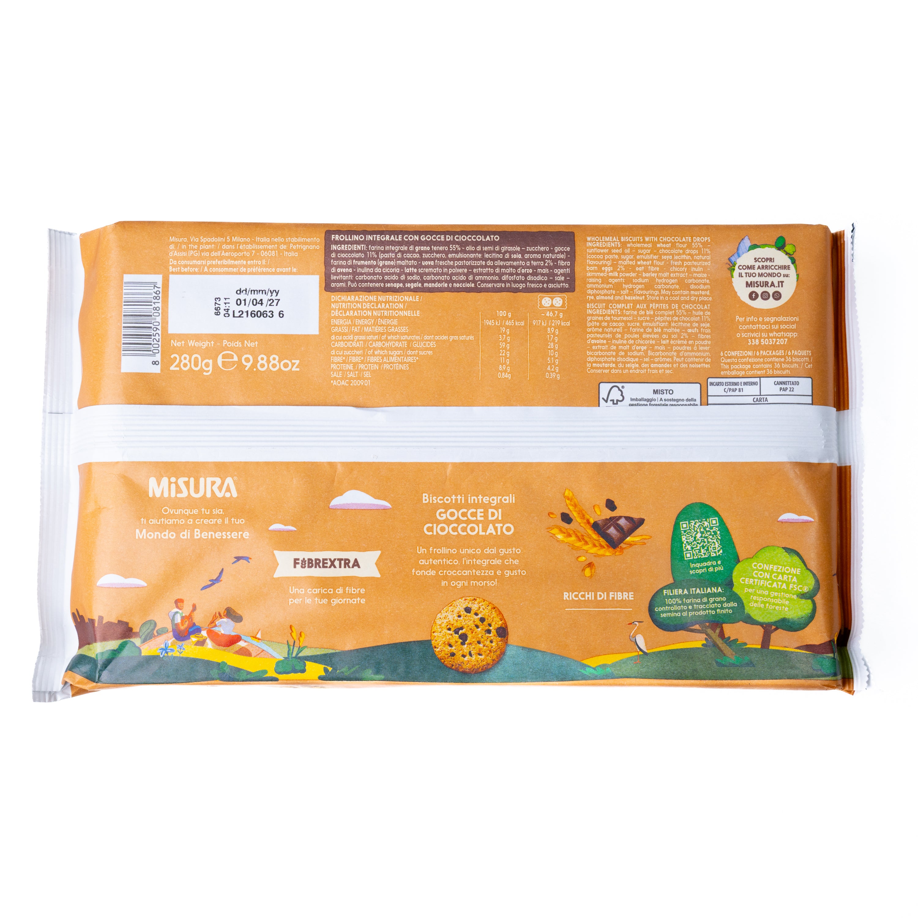 Biscuiți integrali cu picături de ciocolată Fibrextra Misura, 280 g