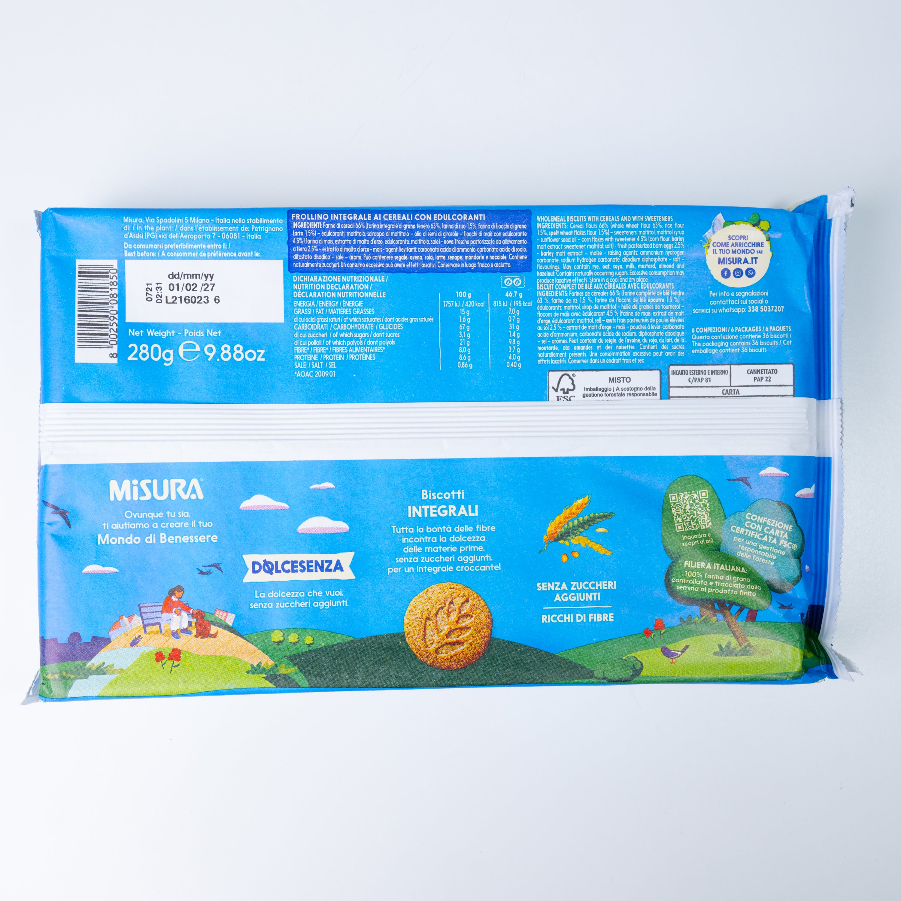 Biscuiți integrali Dolcesenza fără zahăr Misura, 280 g