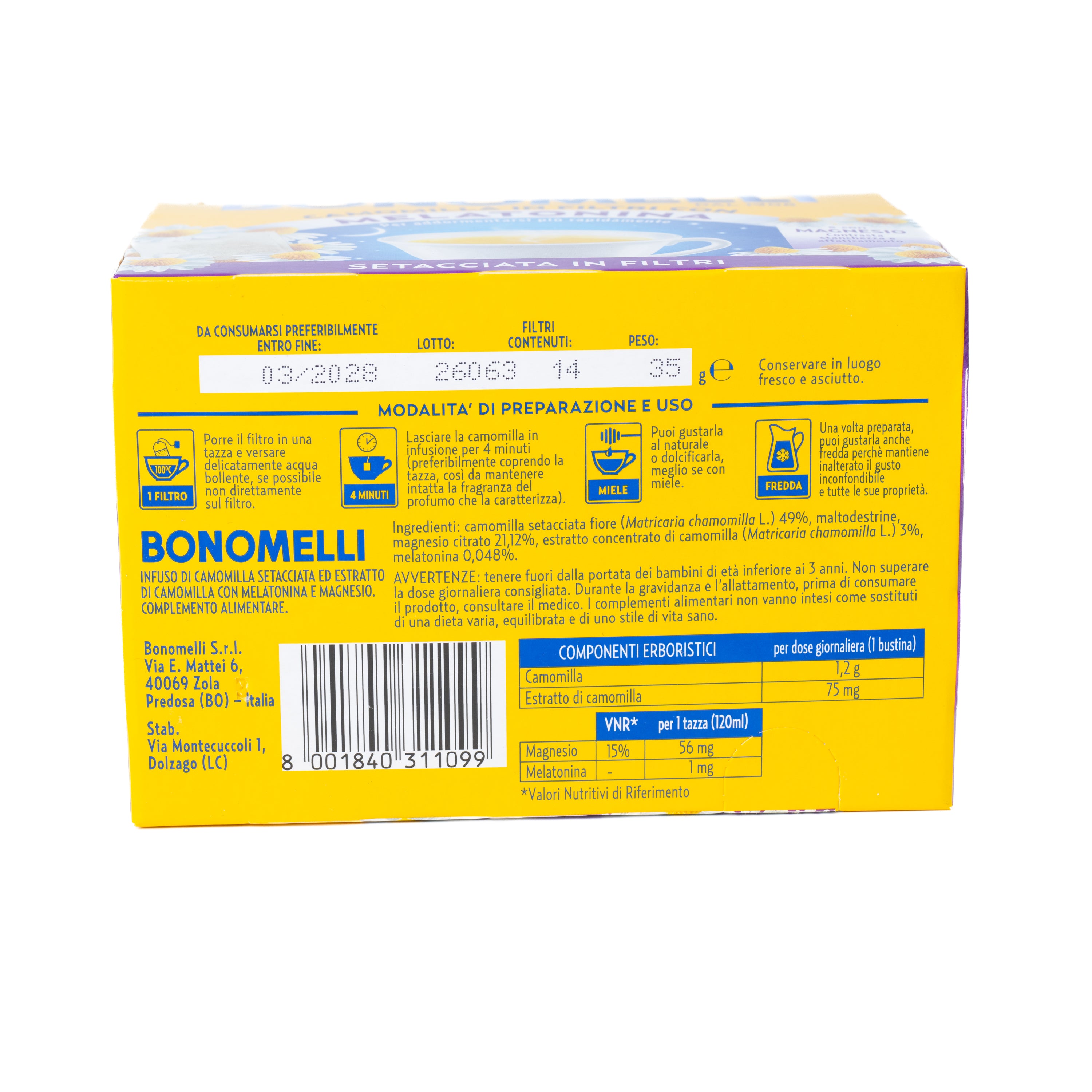 Ceai de mușețel Bonomelli cu Melatonină și Magneziu, 14 plicuri
