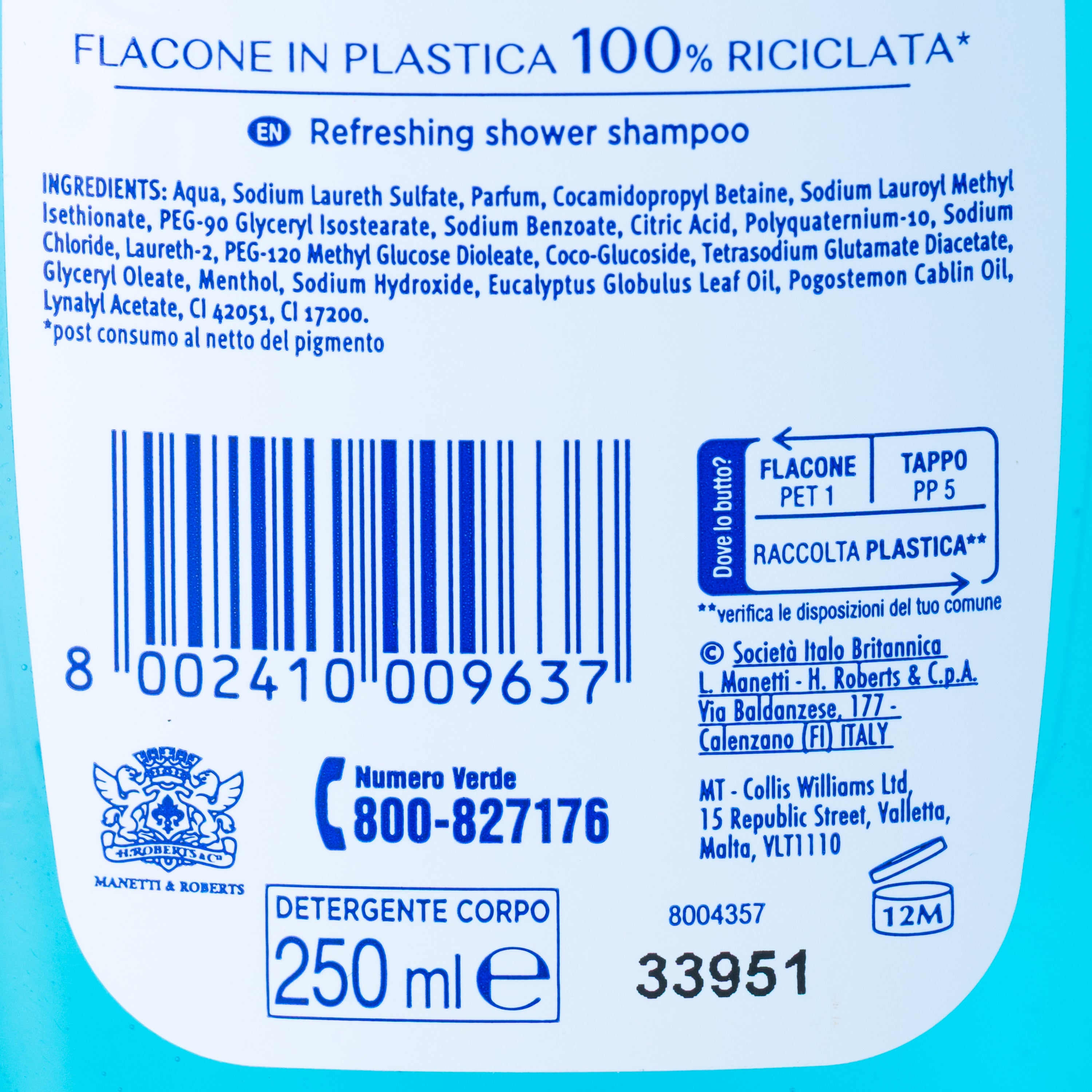 Gel de duș și șampon Rinfrescante Neutro Roberts, 250 ml