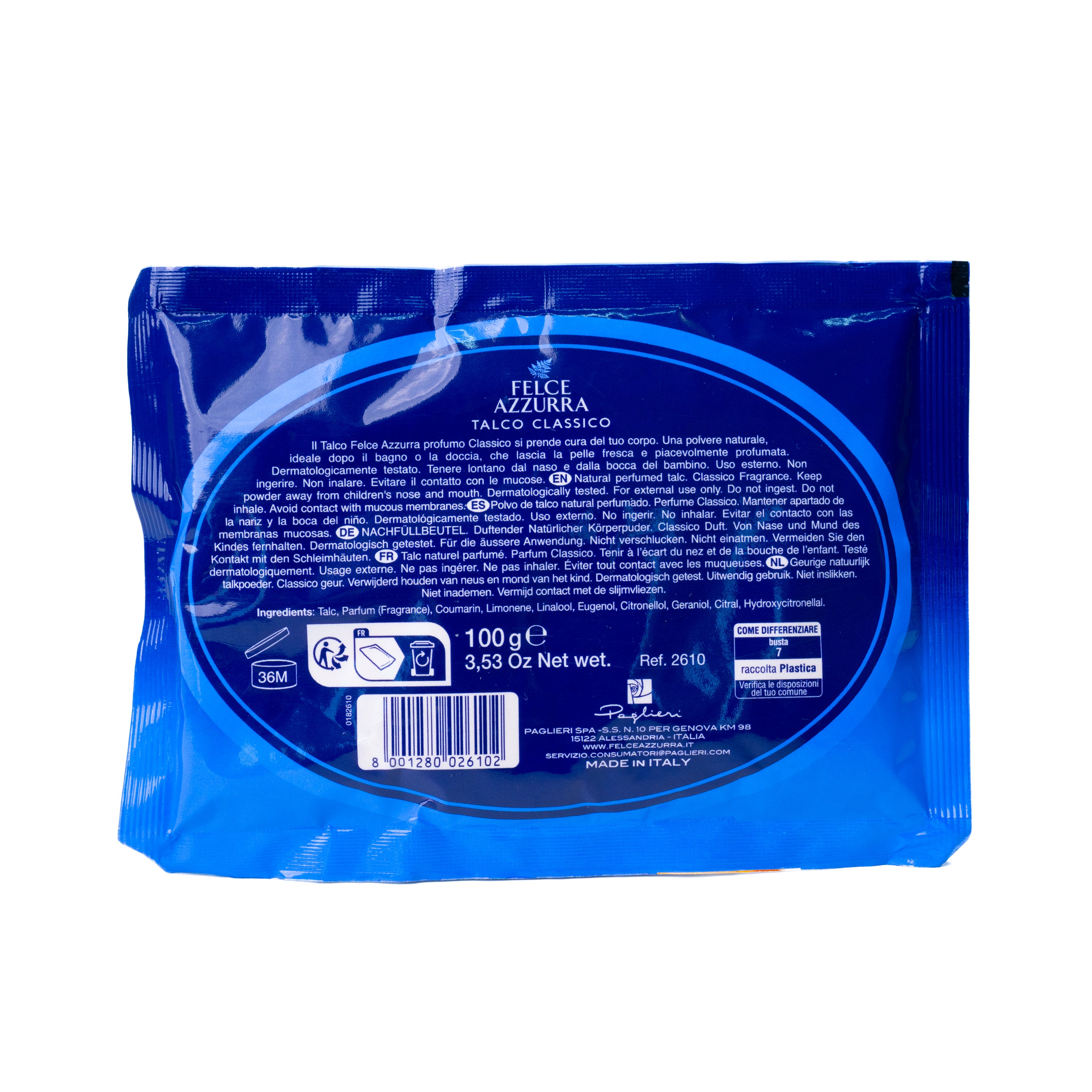 Pudră de talc Classico Felce Azzurra, rezervă, 100 g