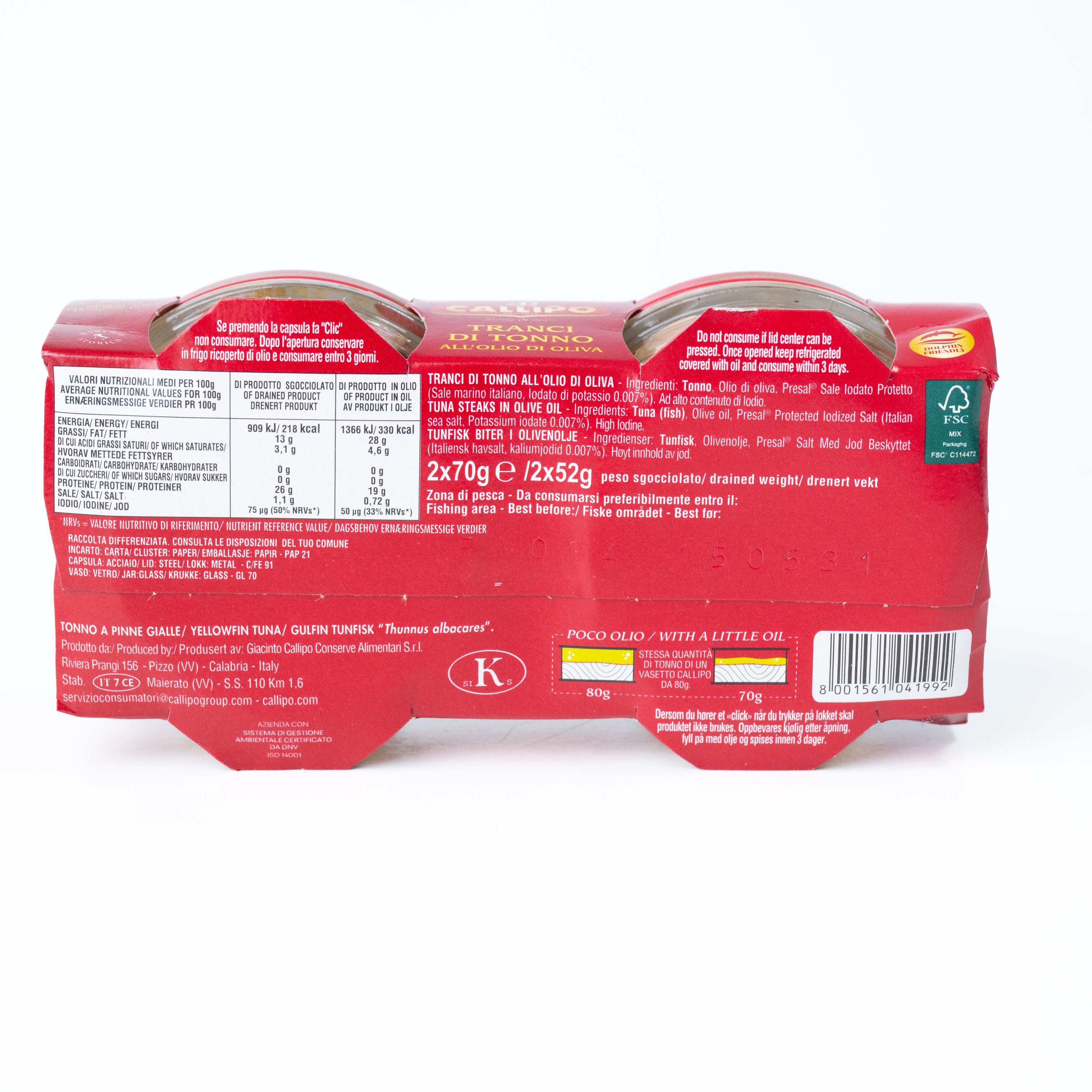 Ton Callipo în ulei de măsline, 2 x 70 g, borcan