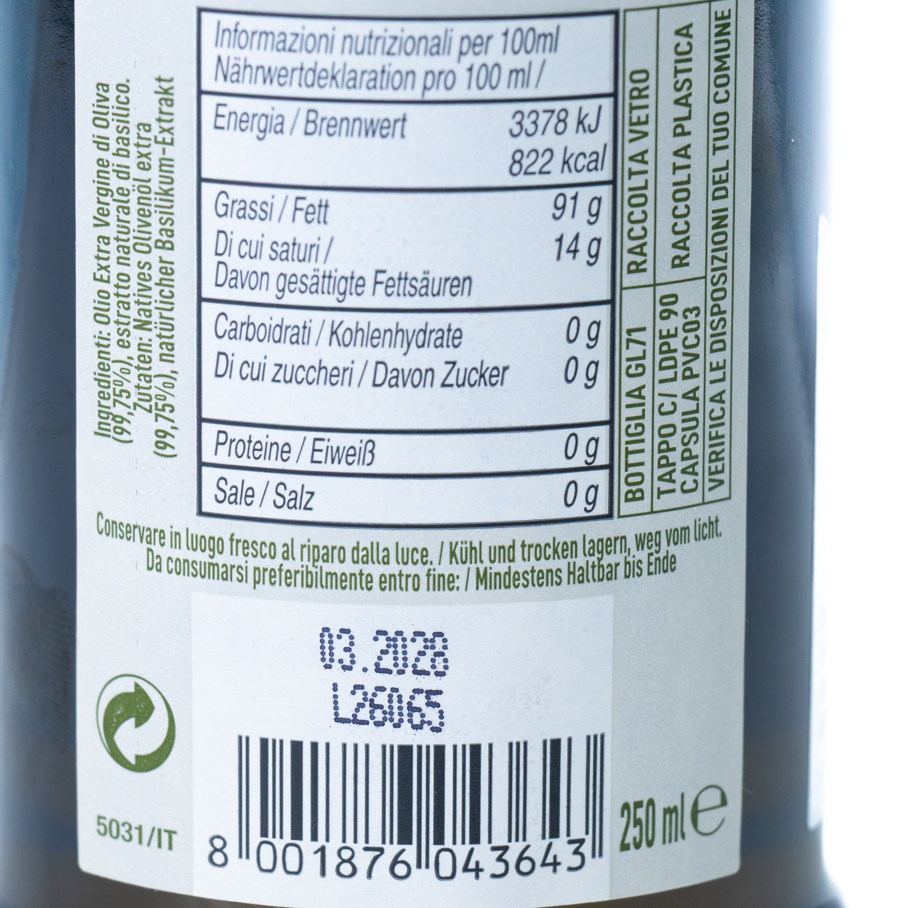 Ulei condimentat Basilolio cu busuioc Colavita, 250 ml