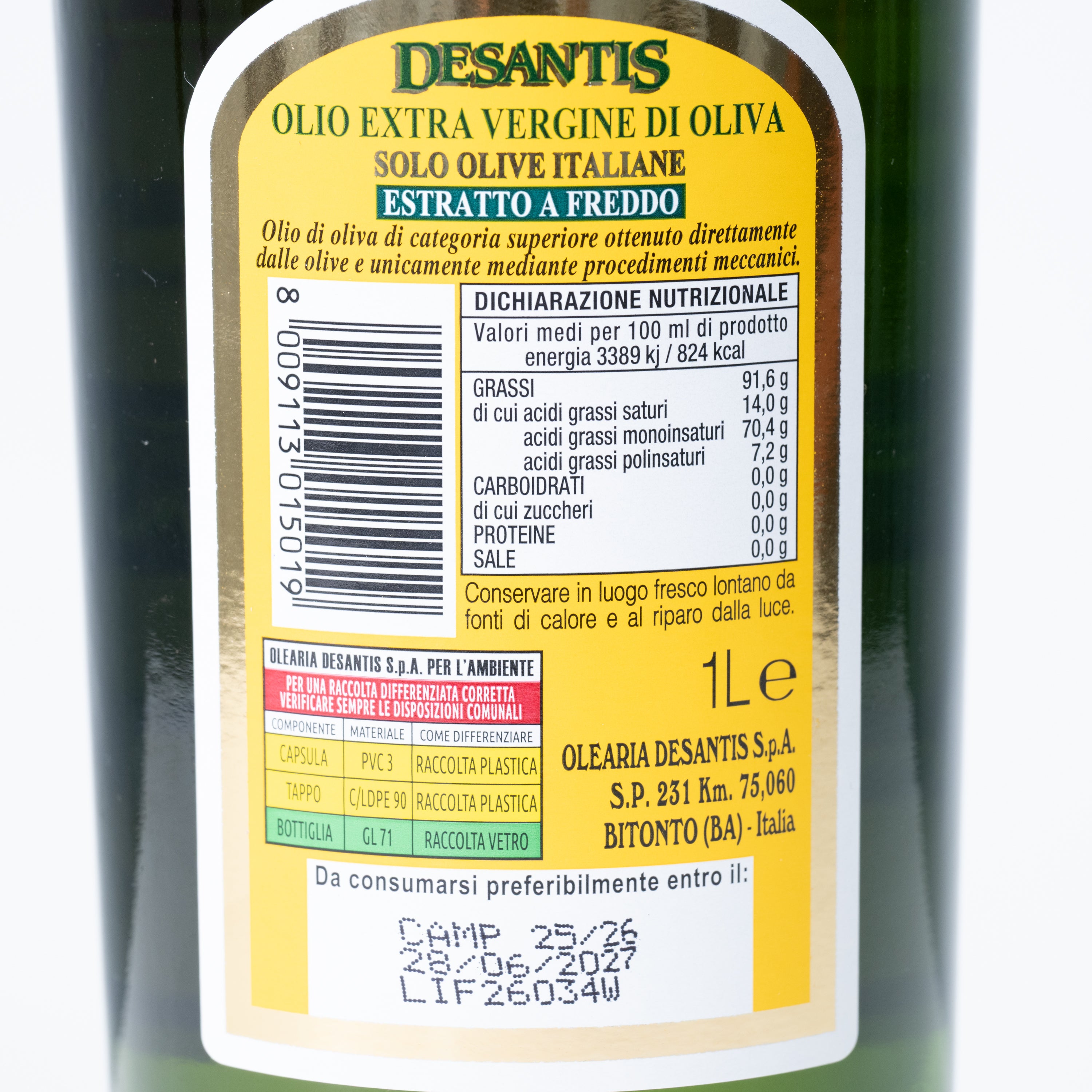 Ulei de măsline extravirgin De Santis, 100% italian, 1 L