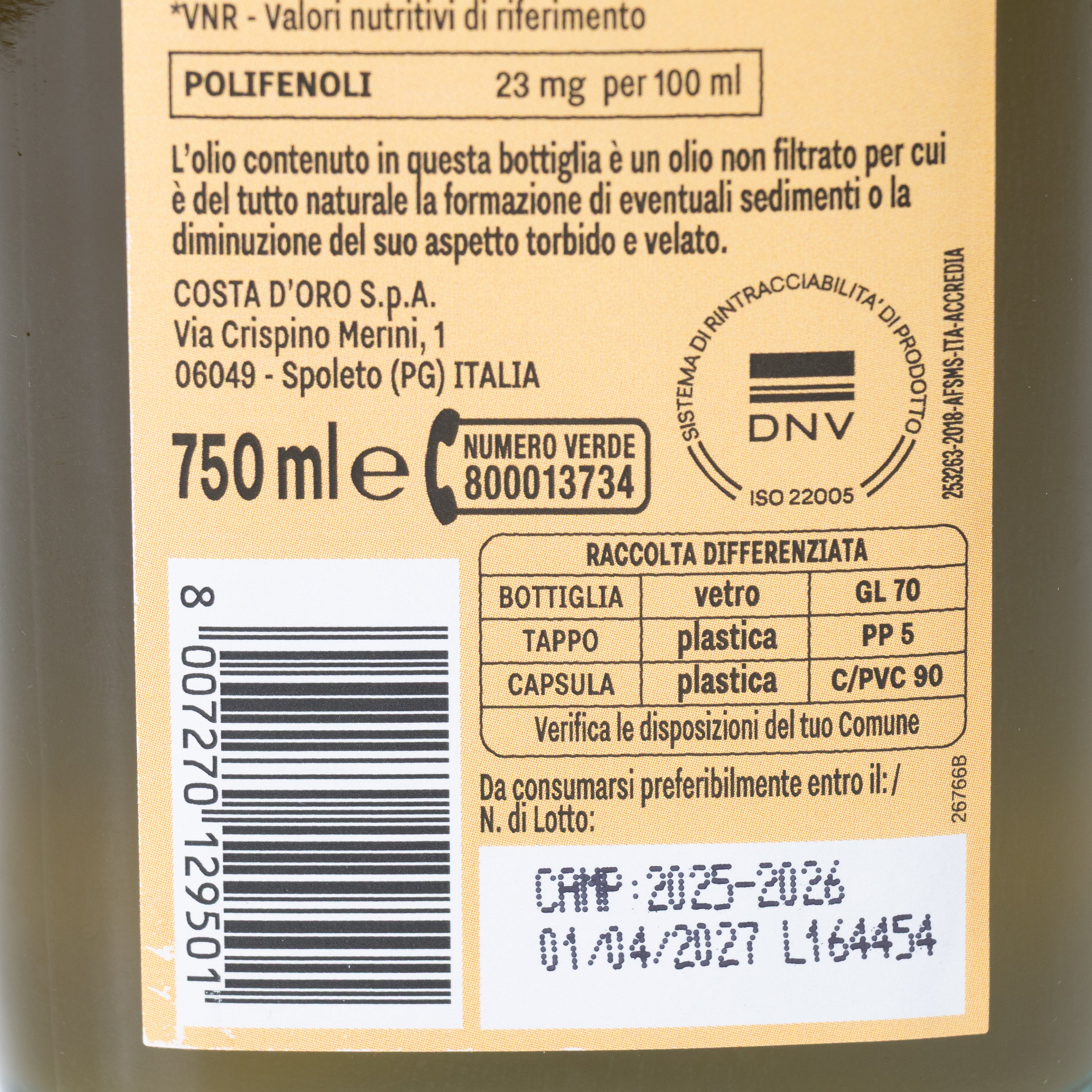 Ulei de măslines extravirgin nefiltrat Il Grezzo Costa d'Oro, 750 ml